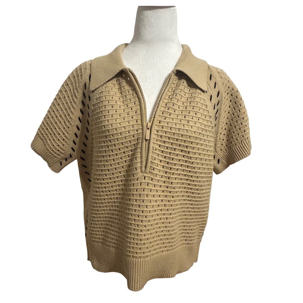 Lou & Grey Medium Open knit tan quarter zip sweater short‎ sleeve tennis prep